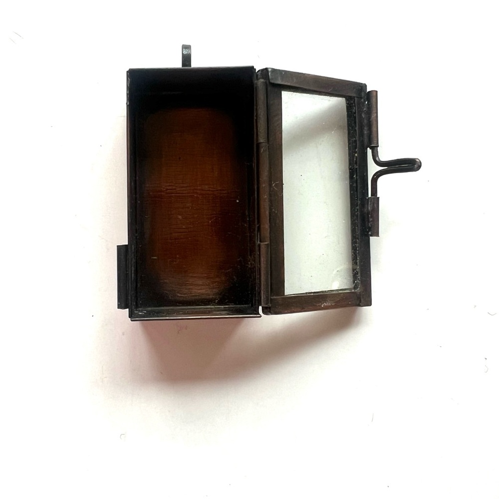Vintage Brown Metal Box pendant Jewelry collage craft  supplies brass glass